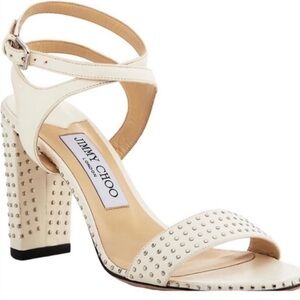 Jimmy Choo Ivory Leather Marine Studded Ankle Wrap Block Heel Sandals 39 1/2